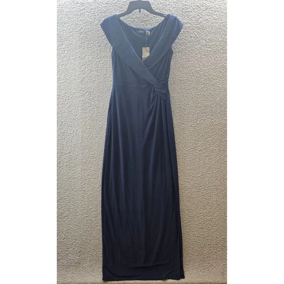 Lauren Ralph Lauren Jersey Off-the-Shoulder Side-Slit Column Gown Women's 6 Navy